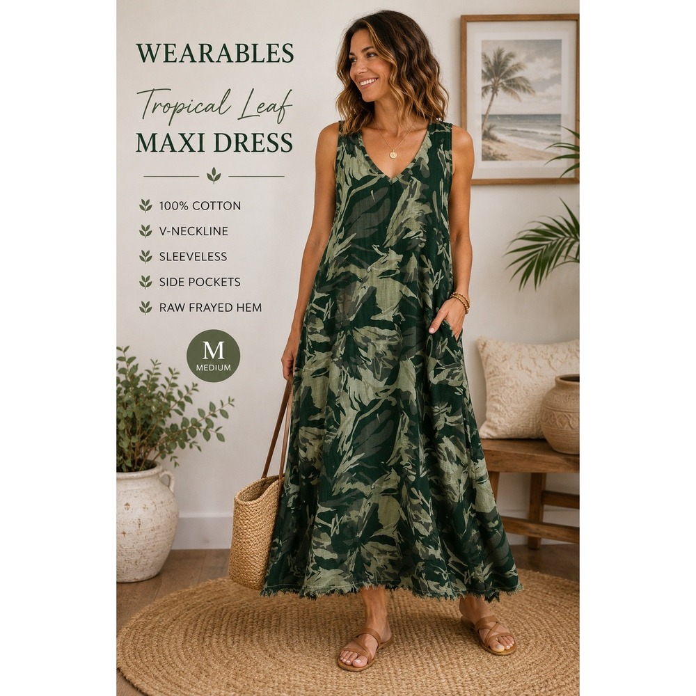Wearables Tropical Leaf Maxi Dress Green Cotton Sleeveless V-Neck Pockets M